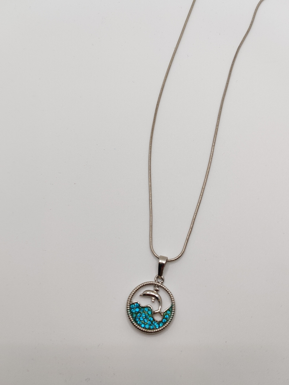 Silver Dolphin Pendant Necklace with Turquoise Crystals - Women Jewelry